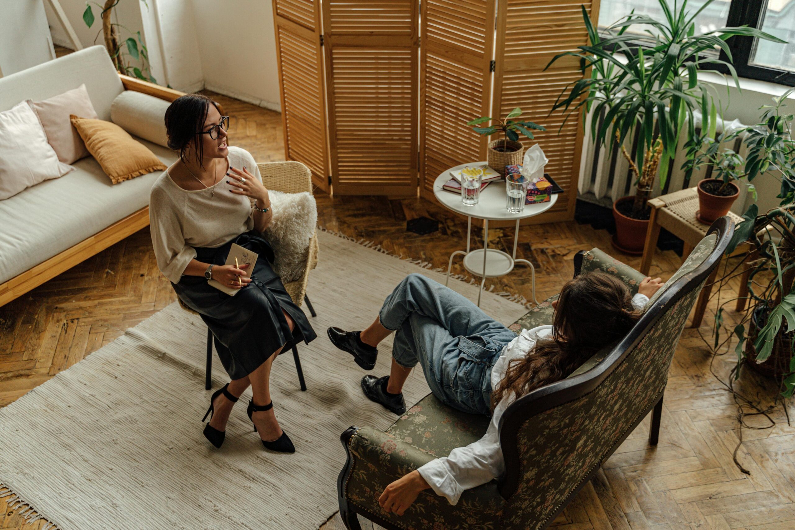 Image of therapist and patient speaking to each other in office.