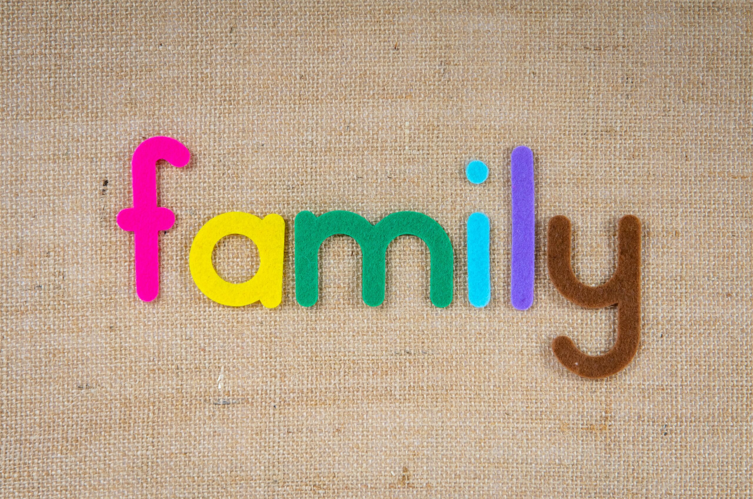 Image of the word "family" written with each letter in a different color.